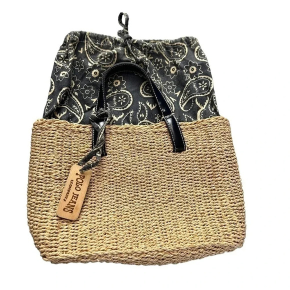 Vintage Ralph Lauren Polo Jean tan wicker bag with‎ blue bandana inside - Picture 3 of 8